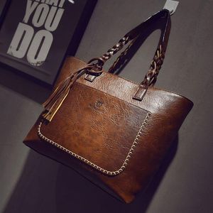 Retro bruin grote capaciteit Tote Tas dames hoogwaardige lederen handtas geweven handvat gepersonaliseerde schouderbag291Z