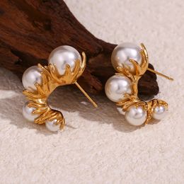 Boucles d'oreilles rétro en forme de C avec perles marguerite, résistantes à l'eau, plaquées or 18 carats, en acier inoxydable 316L, cadeau pour femmes