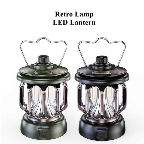 Lanterne de camping rétro, lampe de camp vintage à LED rechargeable, 3 modes d'éclairage alimentés par batterie étanche, lumière de tente suspendue extérieure portable à intensité variable pour café de cour