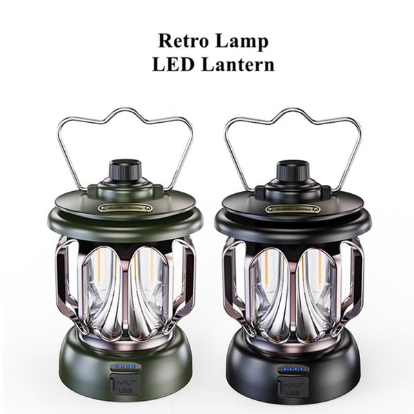 Linterna de camping retro, lámpara de campamento vintage LED recargable, iluminación alimentada por batería, luz de tienda de campaña colgante portátil regulable al aire libre para emergencias de jardín de patio