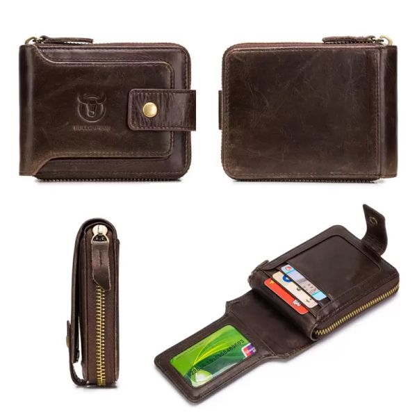 Rétro décontracté hommes en cuir véritable portefeuille RFID Anti-vol fermeture éclair moraillon organisateur porte-monnaie mâle Photo porte-carte pinces à billets