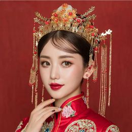 Rétro coiffure chinoise couronne bandeau passerelle scène accessoires de cheveux de mariage perles perlées gland diadèmes boucle d'oreille bijoux de cheveux 240305