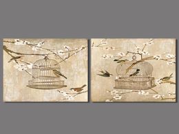 Peintures chinoises rétro 2 pièces, décoration de salon, fleur de prunier et oiseau, peinture sur toile suspendue au mur, décoration de maison sans cadre 8423661