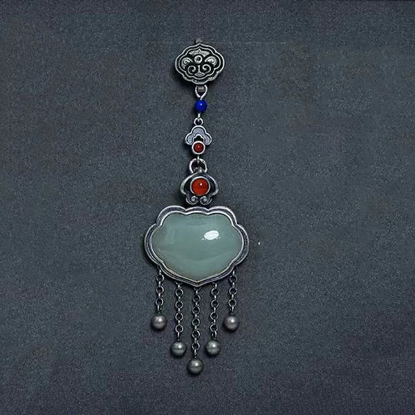 Retro Chinese Style 925 Silver Plackeet Button Pendant naturel an Jade Classic Long Tassel Cheongsam Jewelry 240412