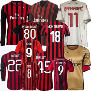 Maillots de football rétro milan 2010 11 12 13 14 17 18 19 20 21 MALDINI Ronaldinho BALOTELLI INZAGHI KAKA CUTRONE IBRAHIMOVIC PATO T.SILVA TORRES AC maillot de football classique