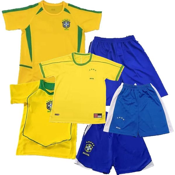 Maillots de football rétro classiques Brésil KIDS 1998 2002 2004 RIVALDO RONALDINHO R.CARLOS KAKA RONALDO 02 04 enfants garçons filles ensembles maillot de football