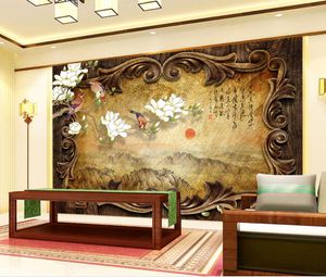 Retro klassieke houten frame landschap schilderij chinese tv achtergrond muur muurschildering 3d wallpaper 3d muur papers voor tv achtergrond