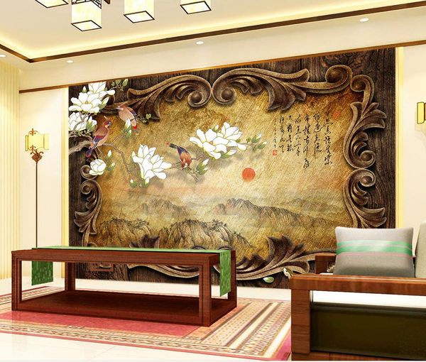 Rétro classique en bois cadre paysage peinture chinoise TV fond mural 3d papier peint 3d papiers peints pour la toile de fond