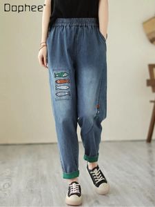 Retro Color Block Cartoon broderie jeans Womens print
