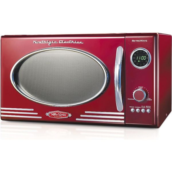 Horno microondas retro para encimera, 0,9 pies cúbicos. Pie. 800 vatios con pantalla digital LED, bloqueo para niños, interior fácil de limpiar, cerdo RTOV rojo