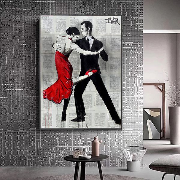 Pareja retro amantes rojos debajo de un lienzo paraguas pintura vintage pareja de parejas y estampados imágenes de arte de pared de la pared decoración de la sala del hogar