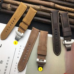 Retro Crazy Horse Real Leather Brown 24mm horlogeband voor riem voor PAM441 Bracelet Butle Buckle Watch Band Tools247B