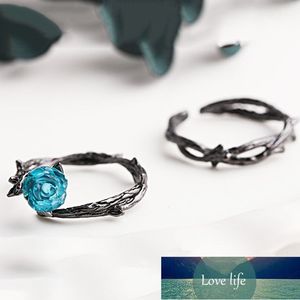 Rétro Creative Couple Anneaux Noir Couleur Rose Fleurs Épines Conception Bague Bleu Cristal Ouvert Vintage Anneaux