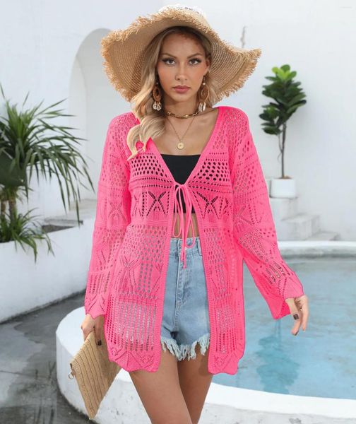 Retro Crochet Hollow Blouse Chic Women's Sexy's Sexy Tricoted Lace-Up Cardigan Summer Beach Holiday Holiday Sun Protection Veste Biki
