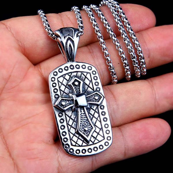 Rétro Croix ID Collier Pendentif Chaîne En Acier Inoxydable Antique Argent Hip Hop Colliers pour Hommes Mode Fine Jewelry