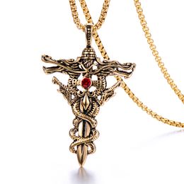 Collier rétro croix pour hommes, en acier inoxydable 316L, plaqué or 18 carats, pendentif en strass rouge, bijoux pour hommes