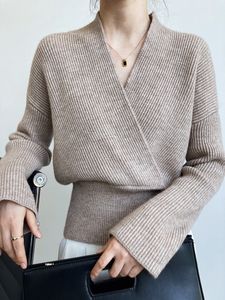 Pull en tricot enveloppé rétro à col en v croisé pour femmes, pull paresseux à taille courte et à manches longues