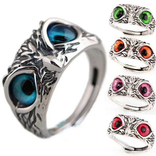 Retro lindo diseño simple anillo de búho ojos multicolores Color plata hombres mujeres compromiso anillos de boda joyería regalos redimensionables