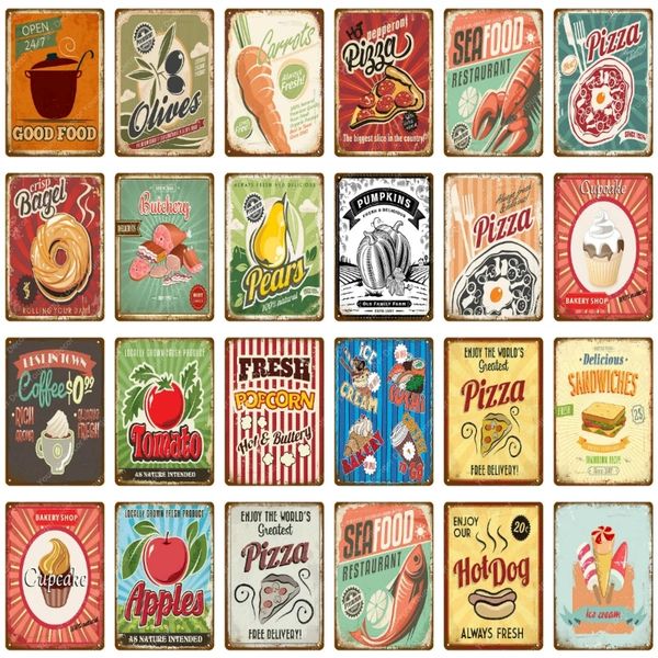 Retro Delicious Snack Food arte pintura Bagel Cupcake Sandwiches Pizza Hot Dog Helado Carteles de metal Vintage Poster Etiqueta de la pared Decoración para el hogar Tamaño 30X20CM w02