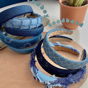 Retro denim blauwe hoofdband brede rand hoge schedel top haar fixer meisje hoofdtooi internet beroemdheid geruite stof spons hoofdband 240321