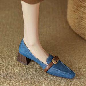 Retro denim mid-hak loafers pumps riem gespier vierkante kop ondiepe casual blauw comfort dikke muilezel schoenen vrouwen