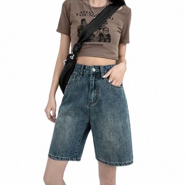 Short en denim rétro pour femmes été 2023 taille haute pantalon à cinq points lâche droite a-ligne demi-pantalon style coréen vêtements U6WL #