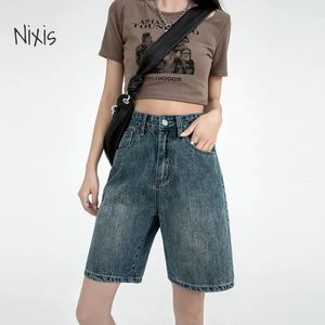 Retro denim shorts voor vrouwen zomer hoge taille vijfpunts broek los rechte A-line halve broek Koreaanse stijl kleding 240520