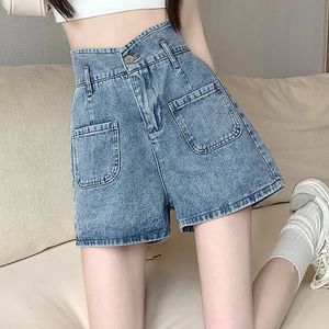 Shorts rétro en denim Femmes d'été tendance haute taille A-line pantalon à jambe large grande taille féminine streetwear s-5xl 240418