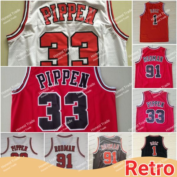 Retro Derrick Rose Basketball Jersey Dennis Rodman 33 Scottie Pippen Rose White Red Mens Cousue Mesh Throwback Jerseys