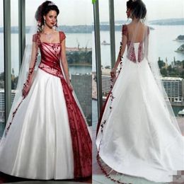 Robes de mariée blanches et rouges design rétro mancherons appliques dentelle tulle plissé satin une ligne robes de mariée taille personnalisée2812884238j