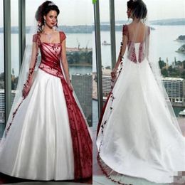 Robes de mariée design rétro blanc et rouge mancherons appliques dentelle tulle plissé satin une ligne robes de mariée taille personnalisée2812884221S