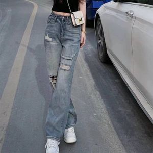 Rétro en détresse denim jambe large Jeans pour femmes 2023 été nouveau lâche décontracté polyvalent mince droite taille haute pantalon