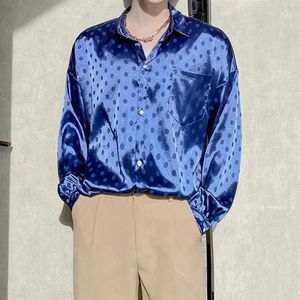 Rétro Dots À La Mode Homme Soie Bleu Robe Chemises Pour Hommes Satin Oversize Design Lisse Grande Taille Blouse Jacquard Hommes Casual213d