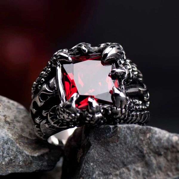 Anillo Retro con garra de dragón para hombre, piedra azul, negra y roja, Punk, Hip Hop, garra de dragón de oro blanco de 14K, regalo de joyas de fiesta para club nocturno