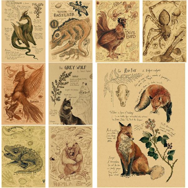 Retro Dragon // Fox / Dog / Wolf / Bird / Bear Affiches imprimés Nostalgic Animal Natural Study Vintage Home Room Art Art Wall Decor Paint