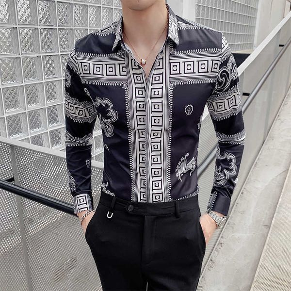 Rétro Dragon Imprimer Hommes Chemise À Manches Longues Chemises Mode Casual Slim Fit Robe Chemises Night Club Party Social Streetwear Camisa 210527