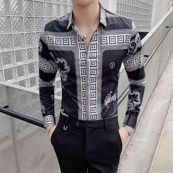 Rétro Dragon Imprimer Hommes Chemise À Manches Longues Chemises Mode Casual Slim Fit Robe Night Club Party Social Streetwear Camisa 210809