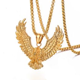 Rétro aigle hommes collier en acier inoxydable 316L plaqué or hommes Animal Hawk aile pendentif bijoux