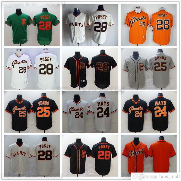 Maillots de baseball rétro Ed 28 Buster Posey 25 Barry Bonds 24 Willie Mays Jersey Gris Noir Blanc Orange Blanc Aucun nom de numéro pour homme