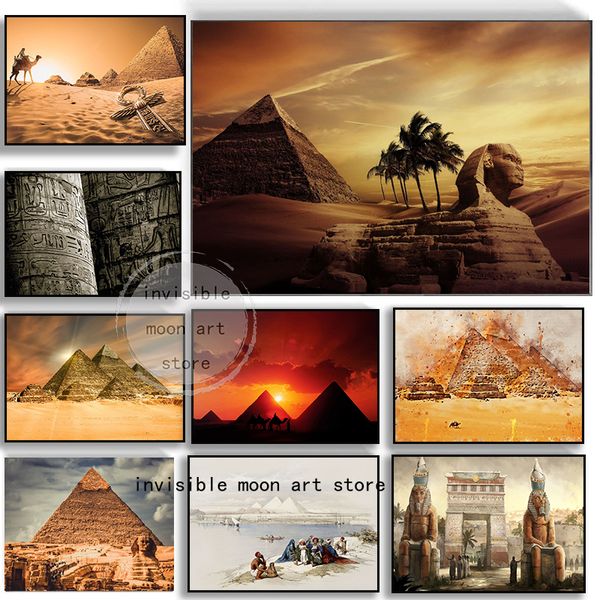 Retro Egyptian Pyramids Gods Tut Mask Desert City Landscape Art Affiches Toile PEINTURE PEINTUR