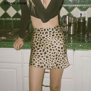 Rétro élastique taille haute imprimé léopard jupe en satin comme la soie été femmes mini jupes courtes a-ligne 210305