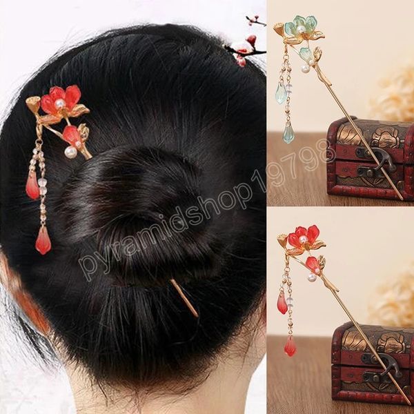 Horquillas Retro elegantes de estilo antiguo, palitos de Metal para el cabello, borlas, horquillas para el cabello Hanfu, palillos, accesorios para el cabello hechos a mano esmaltados