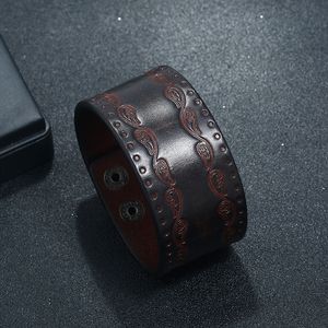 Retro emboss -bloemen lederen bangle manchetknop verstelbare armband pols voor mannen vrouwen mode sieraden