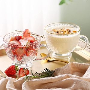 Tasse à lait de tournesol en relief rétro, tasse à eau en verre pour petit déjeuner avec poignée imprimée, tasse à farine d'avoine de grande capacité
