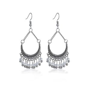 Pendientes colgantes de borla con cuentas de arroz de cristal en forma de media luna étnica Retro para mujer, aleación de Color plateado, regalos de joyería bohemios de moda