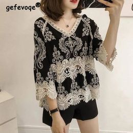 Rétro Style Ethnique Chic Dentelle Broderie Creux Sexy T-shirt Femmes Casual Vneck 34 Manches Lâche Doux Rue Top Vêtements Féminins 240124