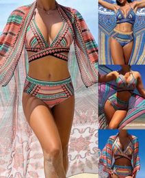 Retro etnische stijl sjaal bikini cross -riem bra dames driedelige zwempak bluegreenred hoog taille strandkleding 2024 zomer 240322