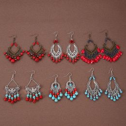 Retro Ethnic Tasse oorbellen Blue Red Turquoise Lange Boheemse oorbellen Holiday Style Dames Tibetaanse zilveren kleur Dange oorbellen