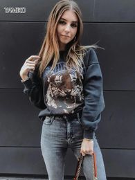 Retro Vervagen Zwarte Tijger Sweatshirts Vrouwen Mode Streetwear Tops Herfst Lange Mouw Oneck Trui Losse 240115