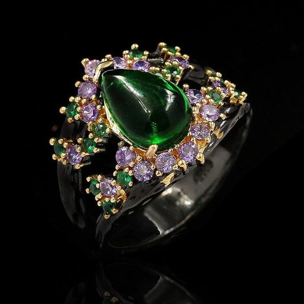 Anillo de oro negro de 14 quilates para mujer, sortija de lujo, elegante, amatista, Jade VERDE hueco salvaje, gota de agua grande, joyería de marca Cl267T